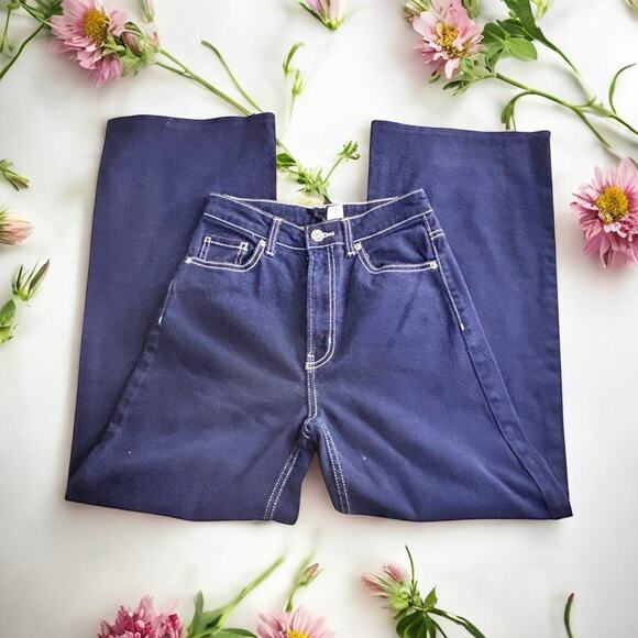 Divided By H&M Wide Leg Jeans Women's Sz 2 Navy Blue White Stitching 27" Inseam - Picture 1 of 7